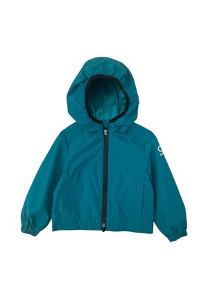 Giacca con cappuccio per bambini di colore blu turchese con cerniera frontale, polsini elastici, tasche laterali e logo sulla manica sinistra, mostrata su sfondo bianco.