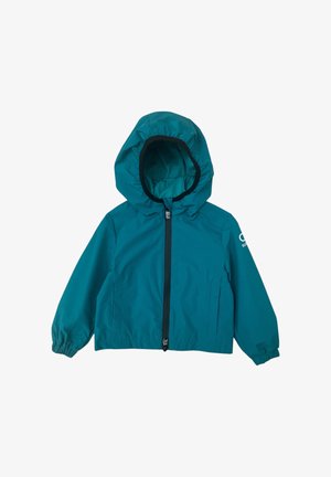 Giacca con cappuccio per bambini di colore blu turchese con cerniera frontale, polsini elastici, tasche laterali e logo sulla manica sinistra, mostrata su sfondo bianco.