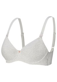 Grå bomullsbh med släta, formarade kupor, justerbara band och en liten dekorativ knapp i mitten. Har en enkel design.