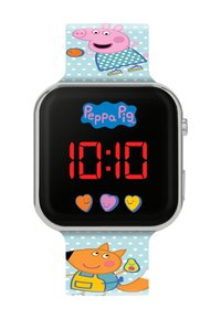 Kinderen's digitale horloge met een zwart schijfje dat rode cijfers toont op 10:10. Voorzien van een blauwe band met stippen en Peppa Pig-personages.