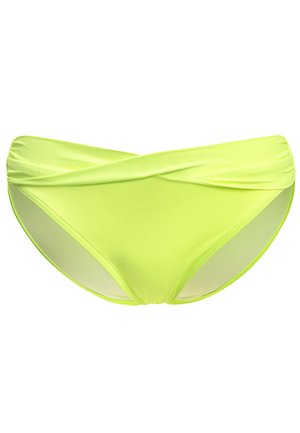 Neon-gelbe Bikini-Unterteile mit überkreuztem Design am Bund, aus glattem Stretchmaterial gefertigt. Verfügt über einen mittleren Beinausschnitt.