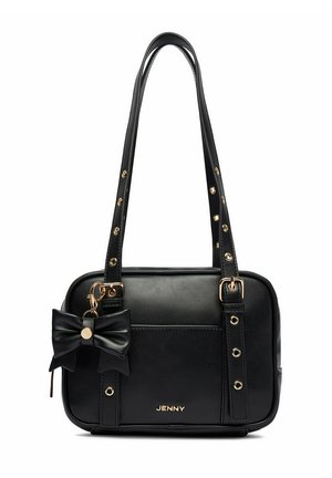 Czarna prostokątna torebka na podwójnych paskach, z złotymi ćwiekami i klamrami, czarną ozdobą w formie kokardki oraz logo "JENNY" w złotych literach.