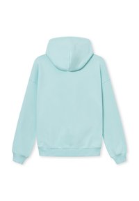Felpa con cappuccio di colore azzurro chiaro, maniche lunghe, vestibilità comoda, polsini e orlo a coste. Texture liscia, senza motivi o dettagli visibili.