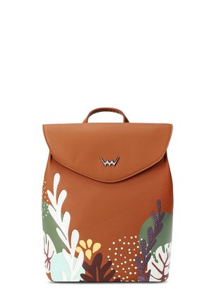 Brown synthetic leather backpack with a flap, featuring colorful floral patterns in green, white, purple, and orange. Includes a top handle.