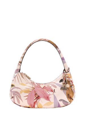 Sac à main avec poignée incurvée présentant un motif de feuilles tropicales roses, violettes et jaunes, ainsi que des breloques dorées suspendues près de la fermeture éclair.