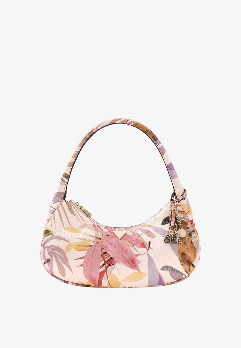 Sac à main avec poignée incurvée présentant un motif de feuilles tropicales roses, violettes et jaunes, ainsi que des breloques dorées suspendues près de la fermeture éclair.