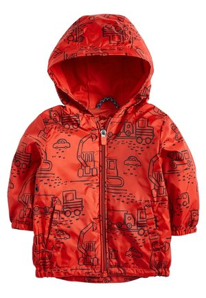 Veste à capuche rouge pour tout-petit avec motifs de véhicules de chantier et voiture noirs, fermeture éclair devant, poignets élastiques et deux poches avant.