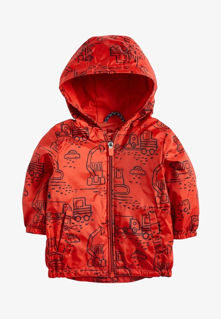 Veste à capuche rouge pour tout-petit avec motifs de véhicules de chantier et voiture noirs, fermeture éclair devant, poignets élastiques et deux poches avant.