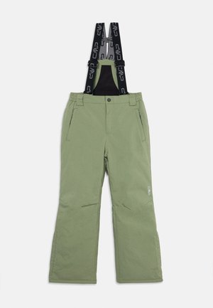 Pantalones de nieve verdes aislados con tirantes negros ajustables y bolsillos laterales, diseñados para actividades al aire libre en invierno.