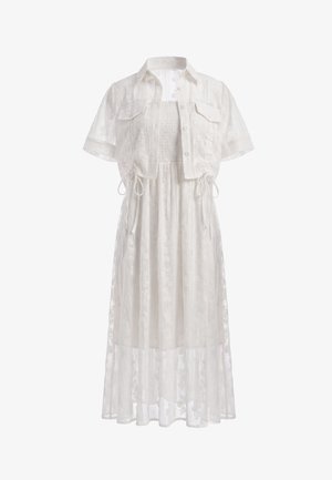 Vestito midi bianco trasparente con corpetto arricciato e giacca corta a maniche corte con bottoni, con due tasche sul petto e coulisse.