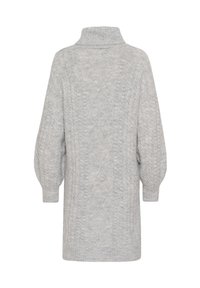 Szürke kötött pulóver magas gallérral, rombusz- és fonatos mintákkal, puffos ujjakkal. Puha tapintású, közepes hosszúságú fazon.