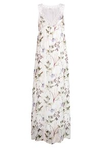 Robe maxi fleurie en matière légère, dotée d'un col en V, d'une bordure en dentelle et d'un fond blanc doux orné de motifs floraux verts pastel et violets.