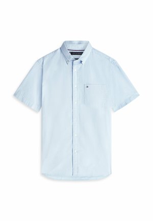 Light blue short-sleeve button-up shirt with a front pocket featuring a small Tommy Hilfiger logo.