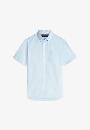 Light blue short-sleeve button-up shirt with a front pocket featuring a small Tommy Hilfiger logo.