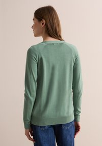 Maglione tricot verde chiaro con maniche lunghe, polsini e orlo a costine, dotato di un collo rotondo e di un sottile dettaglio di cucitura sulle spalle.