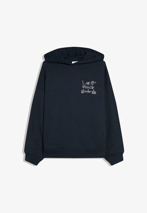 Black hoodie with a small white graphic of a dachshund wearing headphones and text below on the left chest.