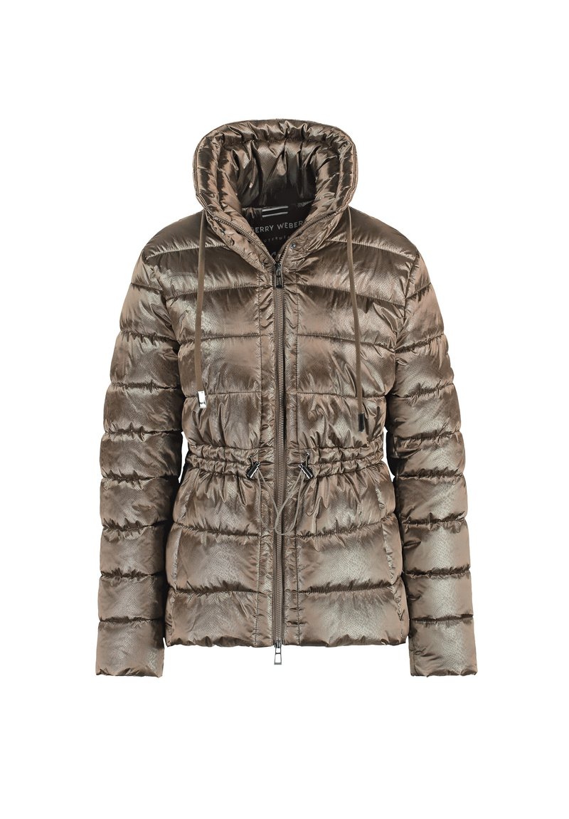 Metalen bruine pufferjas met een ritssluiting aan de voorkant, een trekkoord in de taille en een capuchon. Heeft een gequiltde textuur en accenten van zilverkleurig beslag.