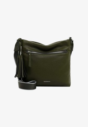 Borsa a tracolla in pelle verde oliva con una finitura texture, tasca anteriore con zip e tracolla rimovibile con accenti grigi.