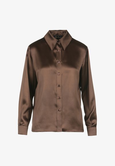 Brown satin button-up shirt with a classic collar, long sleeves, and button closures. Smooth texture and subtle sheen.