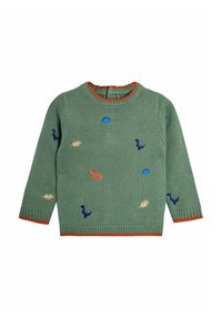 Grüner gestrickter Kinderpullover mit orangefarbenen Akzenten und kleinen bunten Dinosaurier-Mustern, die auf der Vorderseite und den Ärmeln verteilt sind.