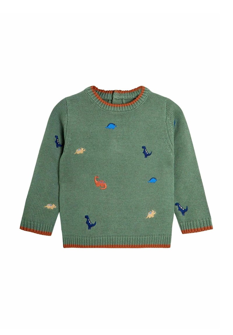 Grüner gestrickter Kinderpullover mit orangefarbenen Akzenten und kleinen bunten Dinosaurier-Mustern, die auf der Vorderseite und den Ärmeln verteilt sind.