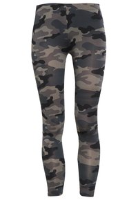 Leggings aderenti con un motivo mimetico grigio, nero e verde scuro, design a lunghezza totale con una vita cucita.