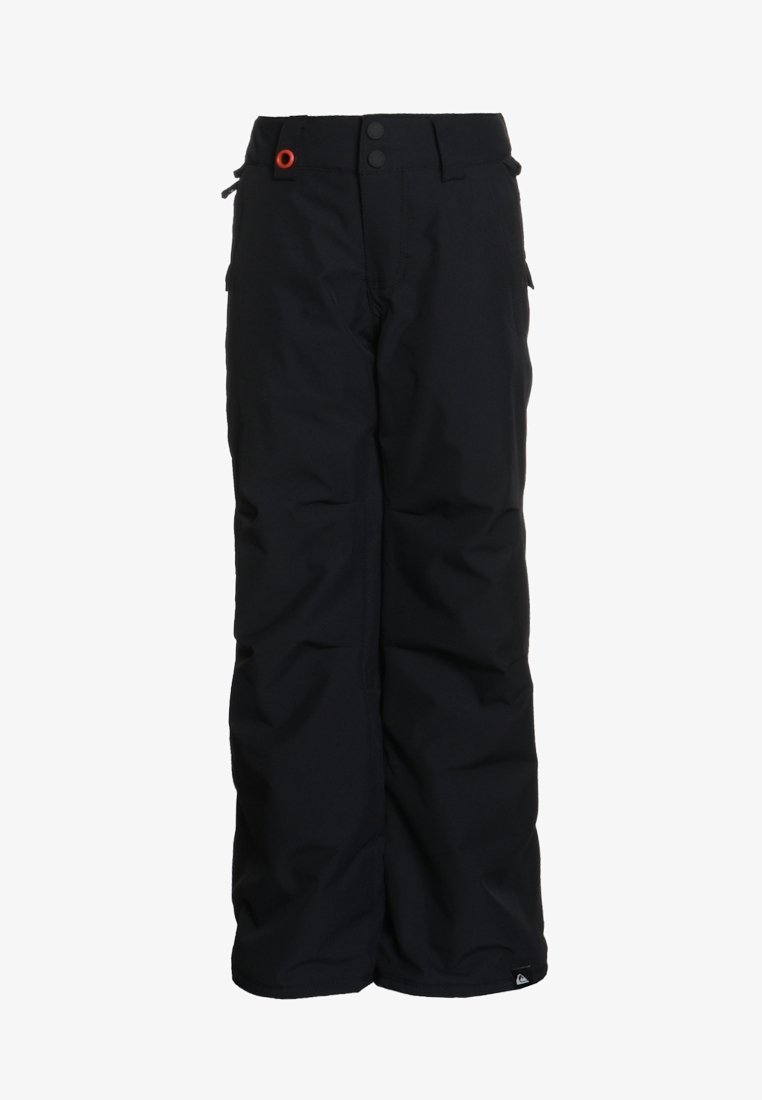 Sorte snobukser med lige ben-design, lavet af vandtæt materiale, med to frontlommer og en orange accent på taljebåndet.