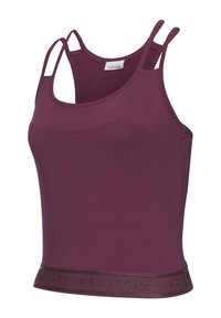 Maroon tank top made of stretchy fabric, featuring a fitted design, thin straps, and a contrasting band at the hem with embossed text.