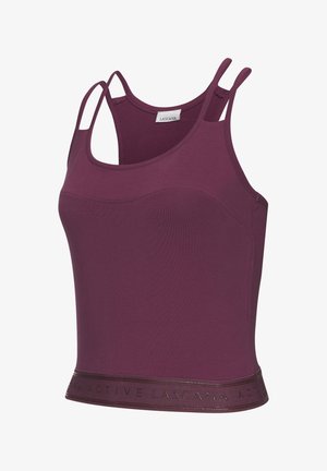 Weinrotes Tanktop aus dehnbarem Material, mit tailliertem Schnitt, dünnen Trägern und einem kontrastierenden Bund am Saum mit geprägtem Text.