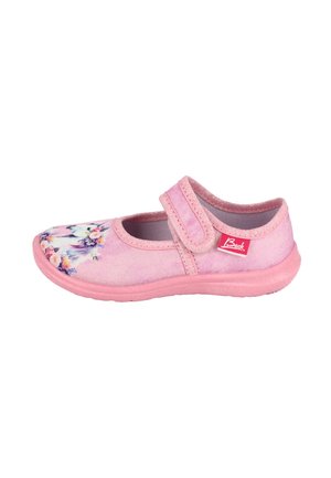 Rosa Leinen-Schuhe mit floralem Design an der Zehe, mit Klettverschluss zum Schließen und gummierter Sohle, die eine glatte Textur und runde Form aufweist.