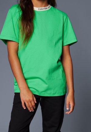 Person iført en knaldgrøn kortærmet t-shirt med hvidt kravetekst "Calvin Klein Jeans" og sorte bukser mod en ensfarvet grå baggrund.