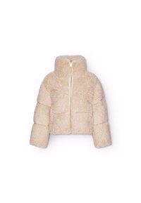 Beżowa, puszysta krótka kurtka z wysokim kołnierzem i złotym zamkiem z przodu, z grubymi wyściełanymi rękawami oraz miękkim, teksturowanym materiałem.