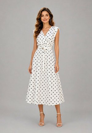 Femme portant une robe midi blanche sans manches à pois noirs, col en V, taille ceinturée et talons à brides à la cheville sur un fond uni.