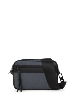Gray crossbody bag with embossed pattern, featuring a durable fabric, front zippered pocket, and adjustable black strap.