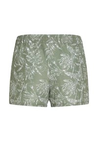 Shorts verts avec un motif de feuilles blanches, dotés d'une taille élastique. Le tissu semble léger avec une texture lisse.