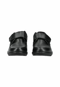 Black leather shoes with a front view, featuring a velcro strap closure, rounded toe, and a textured rubber sole.