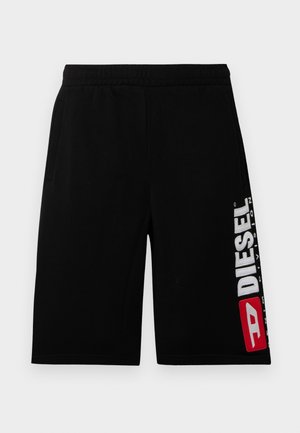 Čierne bavlnené šortky s elastickým pásom, vybavené bočnými vreckami a výrazným bielo-červeným logom DIESEL na ľavej nohe.