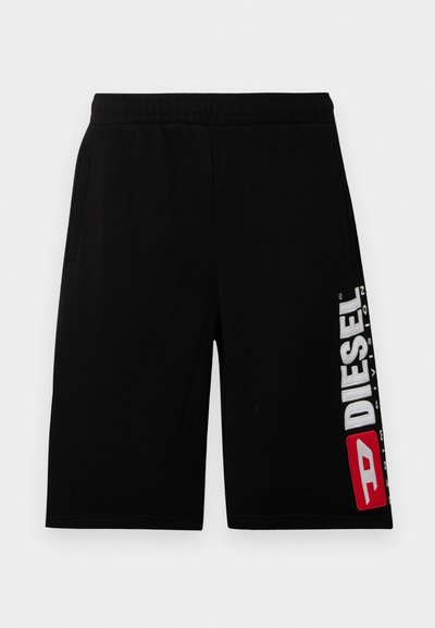 Shorts en coton noir avec une taille élastique, dotés de poches latérales et d'un logo DIESEL blanc et rouge audacieux sur la jambe gauche.