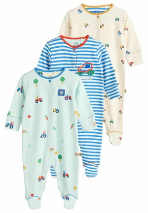Trzy niemowlęce body: jasnoniebieskie z nadrukiem traktorów, niebieskie w paski z naszywką samochodu oraz kremowe z motywami małych pojazdów. Wykonane z miękkiej bawełny.