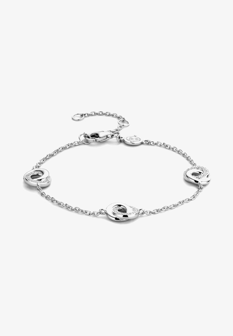 Silberne Kettenarmband mit runden Gliedern, drei dekorativen Akzenten mit Steinen und einem Karabinerverschluss für einen sicheren Verschluss.