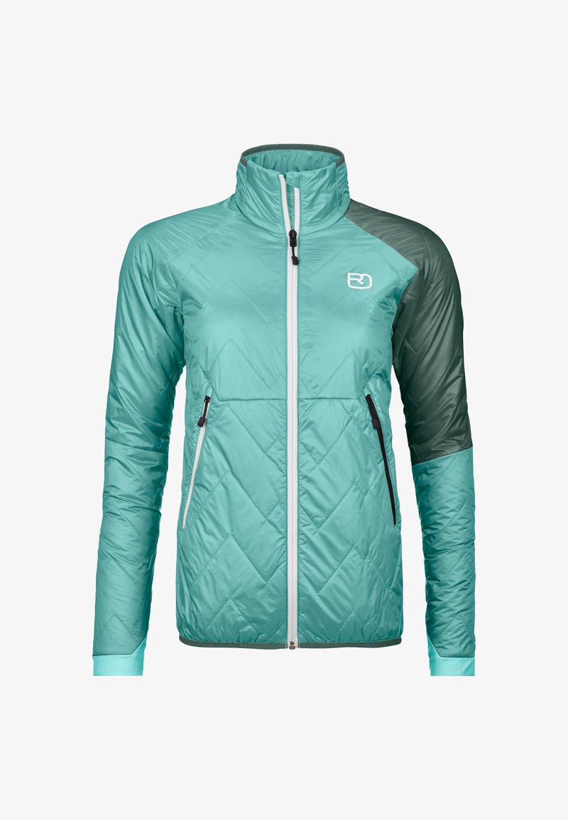 A teal quilted jacket with a gray sleeve, featuring a high collar, front zipper, and two zippered pockets.