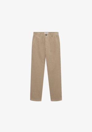 Bēšas korduroja bikses ar taisnu kāju dizainu, kurām ir divas priekšējās kabatas un pogu aizdare. Mīksta tekstūra ar smalkām ribošanas detaļām.