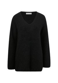 Sort, blød V-hals sweater med lange ærmer og en løs pasform. Fuzzy tekstur, uden mønstre eller accenter. Simpelt design, der er velegnet til lagdeling.