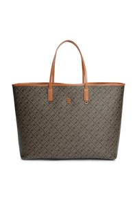 Τσάντα tote με καφέ και μαύρο σχέδιο, με λαβές και περιθώρια από δέρμα σε ταμπά χρώμα, με μικρό λογότυπο στο κέντρο μπροστά.