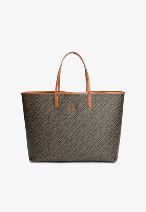 Geantă tote cu model maro și negru, cu mânere și margini din piele de culoare cărămizie, având un mic logo central pe partea din față.