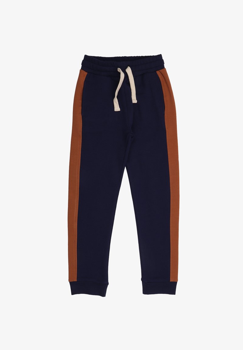 Marineblaue Sweatpants mit braunen Seitenstreifen, aus weichem Stoff. Sie verfügen über einen elastischen Bund mit Kordelzug und gerippten Bündchen.