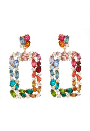 Boucles d'oreilles rectangulaires colorées présentant des pierres précieuses en forme de marquise et de rond dans diverses couleurs, montées sur un métal doré avec des accents floraux.