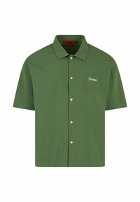 Camicia verde a maniche corte realizzata in tessuto leggero, con chiusura a bottoni, colletto a punta e taschino sul petto con ricamo "Proibito".