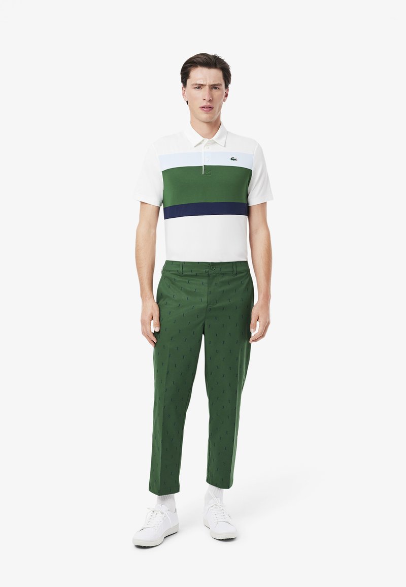 Polo bianco con righe verde e blu navy; pantaloni verdi slim-fit con un motivo; abbinati a sneaker bianche.