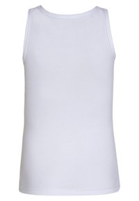White tank top made from ribbed cotton, featuring a round neckline and no visible pattern or accents. Smooth texture and fitted shape.